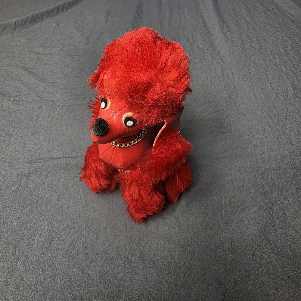 Vintage MCM Herman Pecker Plush 7" Poodle Dog Real Fur Faux Leather Red Necklace